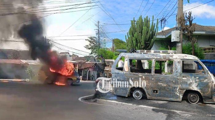TERBAKAR. Mobil plat merah milik UPTD Transportasi Dishub Kota Solo terbakar di jalan MT Haryono Mangkubumen, Banjarsari, Kota Solo, Kamis (29/5/2025) pagi. Tidak ada korban jiwa.