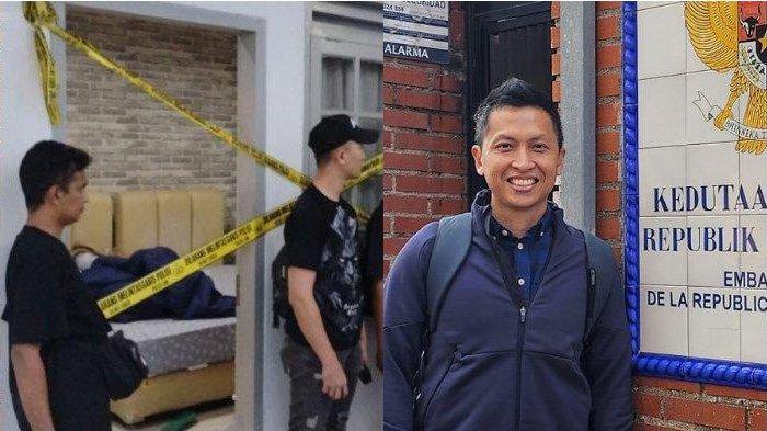 DIPLOMAT KEMENLU TEWAS - Kolase foto Arya Daru Pangayunan semasa hidup (kanan) - Polisi melakukan oleh TKP di kos Daru di kawasan Menteng, Jakarta Pusat, Selasa (8/7/2025). Daru, yang merupakan Diplomat Muda Kemenlu, ditemukan tewas di indekosnya pada Selasa pagi, dalam kondisi kepala dilakban. Pada Senin (7/7/2025) malam sebelum tewas, Daru sempat melakukan panggilan telepon dengan sang istri. Panggilan itu merupakan komunikasi terakhir Daru dengan istrinya.