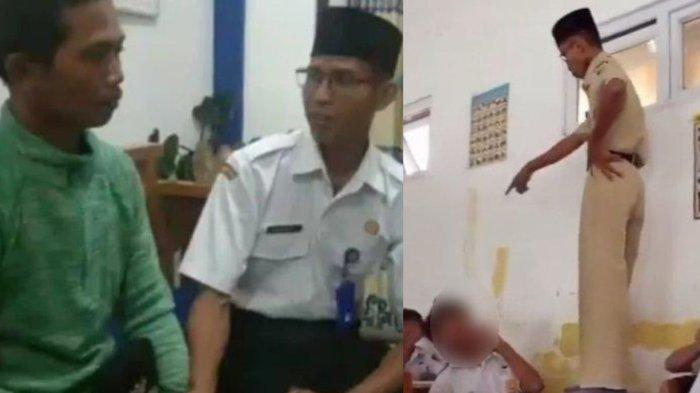 GURU ANIAYA MURID - Kolase Foto oknum guru WD meminta maaf ke keluarga (kiri) dan Tangkap layar video viral pak guru yang tendang siswanya di Demak, Jawa Tengah (kanan), Kamis (12/6/2025). Seorang oknum guru di SMPN 1 Karangawen Demak menendang siswa di dalam kelas, Selasa (10/6/2025).