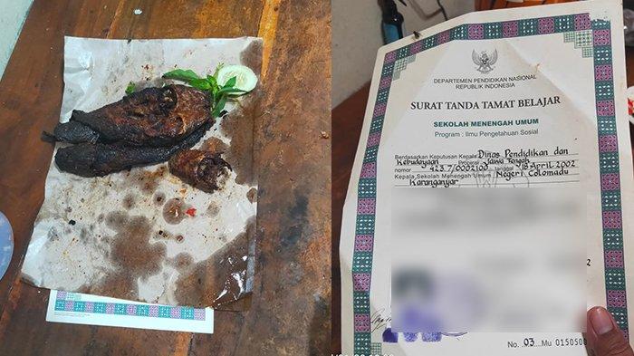 IJAZAH JADI BUNGKUS MAKANAN. Kolase foto ijazah SMA di Karanganyar yang viral di Facebook lantaran digunakan sebagai bungkus lele bakar. Foto ini diunggah oleh akun Facebook Wisnu Restu Prabowo di grup Facebook Geger Geden Surakarta, pada Rabu (28/1/2025).