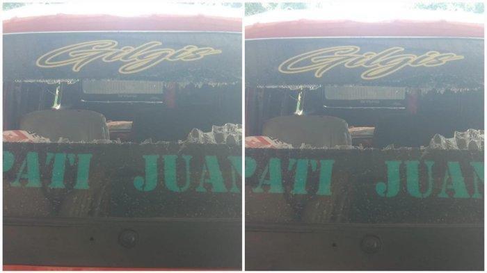 Kaca belakang mobil angkutan kota alias angkot berisi gambar kampanye pasangan calon bupati dan wakil bupati pada Pilkada Pati 2024 nomor urut 2, Wahyu Indriyanto dan Suharyono dirusak orang tak dikenal.