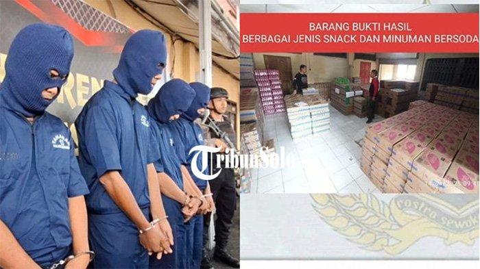 PELAKU PENGGELAPAN TRUK. Empat pelaku penggelapan truk berisi makanan ringan dan minuman bersoda dihadirkan di Mapolres Sragen, Senin (21/4/2025). Mereka ditangkap dari kasus pengembangan penggelapan truk.