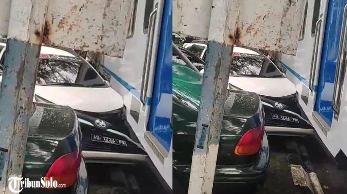 TERTEMPER KERETA : Kereta Api (KA) Batara Kresna rute Solo-Wonogiri mengalami kecelakaan usai menyerempet sebuah mobil saat melintas di jalur jalan Slamet Riyadi Solo, Jumat (28/2/2025) siang. Meski telah diperingatkan dengan klakson KA Batara Kresna, kecelakaan tak bisa terhindarkan.
