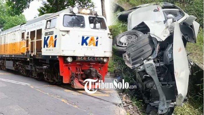 MOBIL TERTABRAK KERETA. Kolase KA Batara Kresna saat uji coba Kamis (30/1/2025) (KIRI) dengan Kondisi 
 mobil Sigra warna putih usai tertabrak kereta api Batara Kresna dari arah Wonogiri ke Solo di perlintasan kereta api depan Terminal Sukoharjo, Rabu (26/3/2025) sekira pukul 08.45 WIB. Penyebab kejadian ini diduga karena palang perlintasan kereta terlambat menutup. Tribun Solo/ Anang Maruf