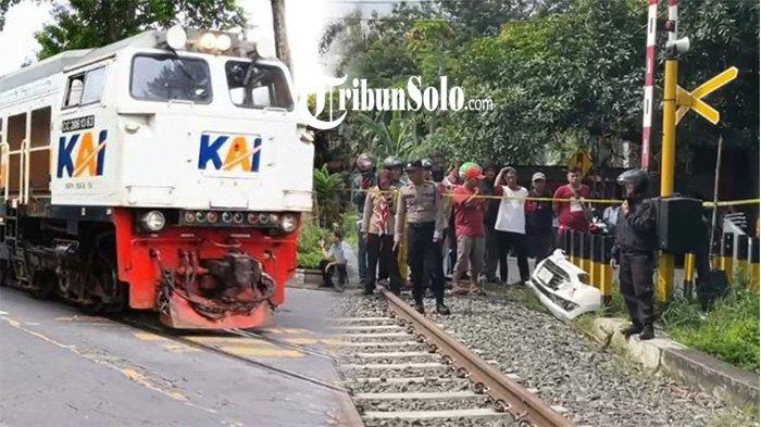 MOBIL TERTABRAK KERETA. Kolase KA Batara Kresna saat uji coba Kamis (30/1/2025) (KIRI) dengan Potret palang di perlintasan kereta api (KANAN) .Kecelakaan berada di depan Terminal Sukoharjo, Rabu (26/3/2025). Penyebab kejadian ini diduga karena palang perlintasan kereta terlambat menutup. Tribun Solo/ Anang Maruf