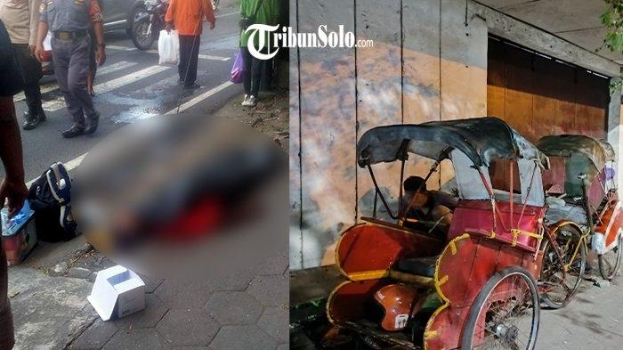 MENINGGAL DUNIA - Kolase foto Slamet (63) tukang becak asal Baki Sukoharjo yang ditemukan meninggal dunia di Simpang Gemblegan Serengan Solo usai sempat terjatuh, Senin (7/4/2025) sore. Korban yang meninggal dunia usai jatuh setelah beristirahat di atas becak miliknya sempat terlihat kecapekan sehari sebelumnya.