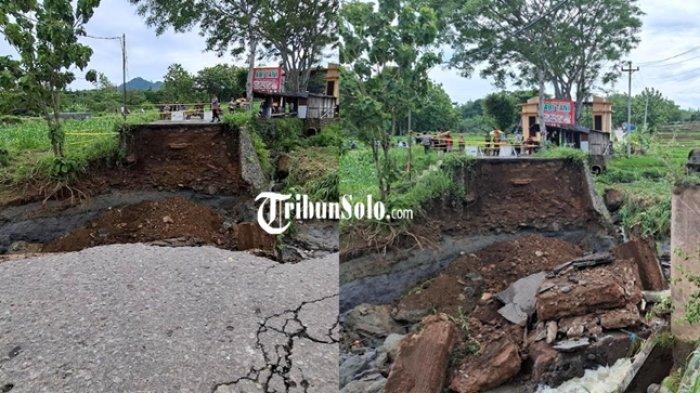 Kondisi Jembatan Mondokan, Dukuh Winong, Desa Tunggul, Kecamatan Gondang, Kabupaten Sragen terputus, Senin (16/12/2024).