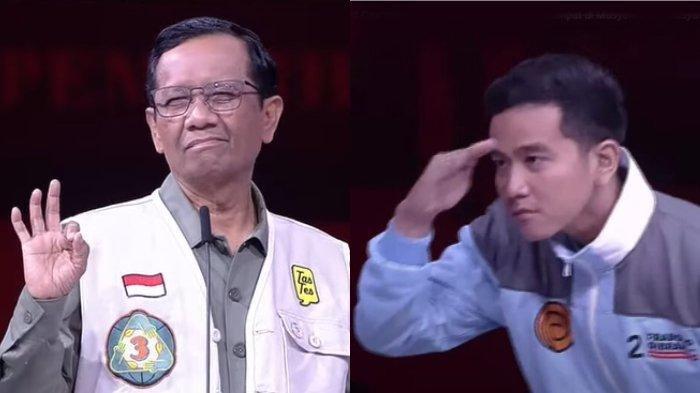 GIBRAN DAN MAHFUD - Gibran memperagakan diri sedang mencari jawaban Mahfud di debat Pilpres 2024, Minggu (21/1/2024). Mahfud MD memberi tanggapannya soal usulan pemakzulan Wapres RI.