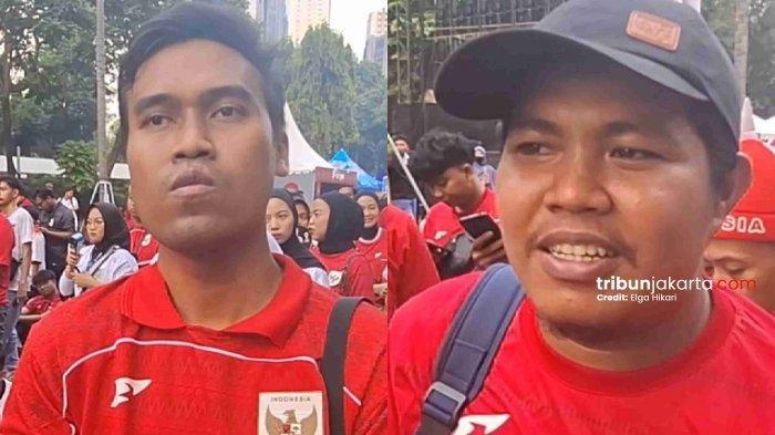 NONTON TIMNAS. Hikari (kiri) dan Fikri. Dua pria dari luar Jakarta yang berhasil nonton timnas di GBK berkat usaha sang istri yang war tiket Timnas Indonesia.