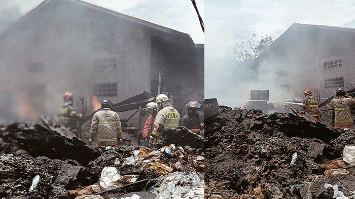 KEBAKARAN DI MOJOSONGO. Petugas Damkar Kota Solo menjinakkan kebakaran yang terjadi di salah satu pabrik plastik di Mojosongo Solo, Minggu (9/3/2025) siang. Api diduga berasal dari tumpukan sampah yang dibakar yang kemudian menjalar ke tumpukan plastik di luar pabrik yang tak jauh dari titik api.