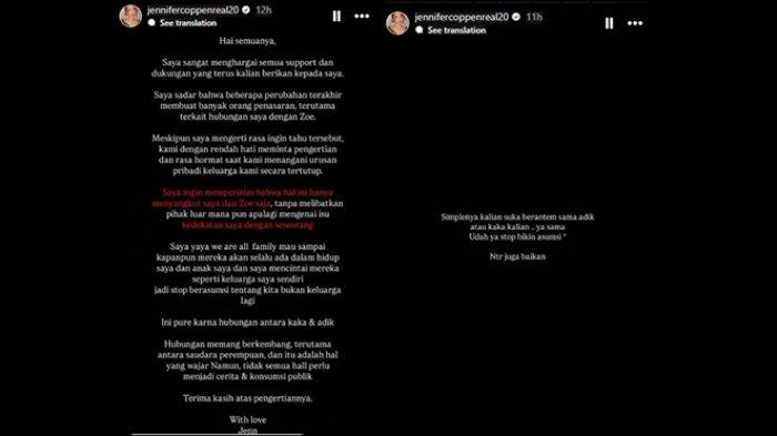 Postingan Insta Story Jennifer Coppen soal hubungannya dengan sang adik ipar, Zoe Wassink yang diketahui tengah renggang.