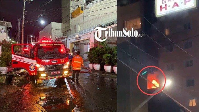 PROSES PEMADAMAN. Kolase petugas kebakaran memadamkan api (kiri) dan momen api menyala di salah satu kamar saat terjadi kebakaran (kanan) di Hotel Grand HAP Solo yang beralamat di Jalan Slamet Riyadi, Purwosari, Kecamatan Laweyan, Kota Surakarta, Jumat (7/3/2025) sekira pukul 19.30 malam. (Tribun Solo / Andreas Chris)