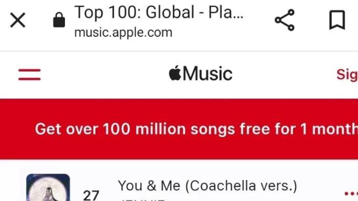 Ranking 'You and Me' Jennie di Apple Musik Global