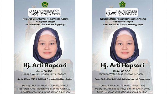 KABAR DUKA - Seorang jemaah haji asal Kabupaten Sragen meninggal dunia setibanya di Tanah Air, tepatnya di Asrama Haji Donohudan, Boyolali, Senin (30/6/2025). Arti Hapsari (45) warga Kampung Teguhan, Kelurahan Sragen Wetan, Kecamatan/Kabupaten Sragen menghembuskan napas terakhir di Poliklinik Embarkasi Haji Donohudan.