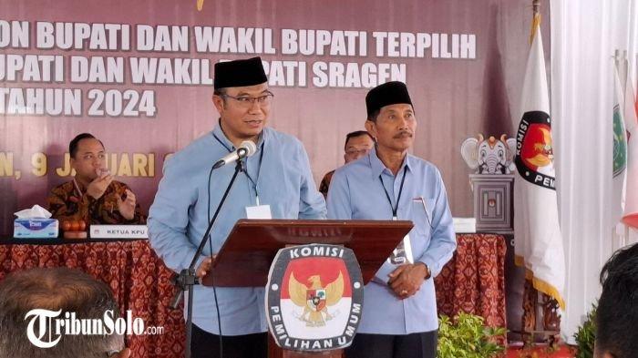 KEMBALIKAN SISA ANGGARAN : Sigit Pamungkas-Suroto resmi ditetapkan menjadi Bupati/Wakil Bupati Sragen terpilih Pilkada 2024 di Kantor KPU Sragen, Kamis (9/1/2025). Komisioner Pemilihan Umum (KPU) Kabupaten Sragen dan Badan Pengawas Pemilu (Bawaslu) Kabupaten Sragen akan segera mengembalikan sisa anggaran Pilkada 2024 yang kini telah rampung digelar.