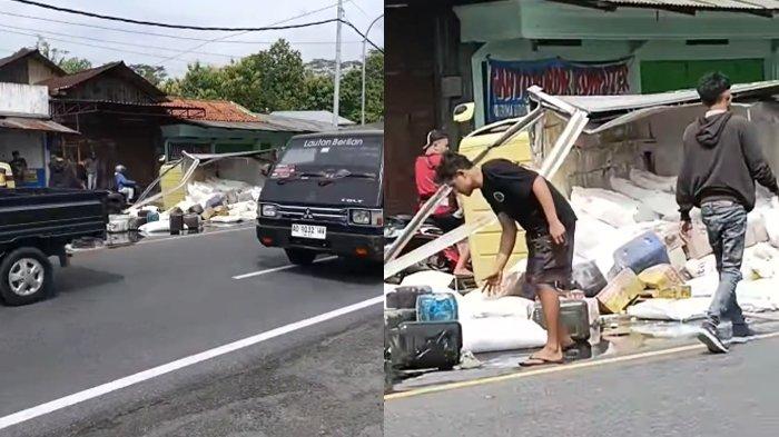 TRUK BOKS TERGULING. Truk boks muatan gandum dan minyak goreng terguling di jalan Semarang -Solo, tepatnya di Desa Penggung, Kecamatan Boyolali, Selasa (4/2/2025). Akibatnya muatan yang dibawa truk boks tumpah hingga memenuhi jalanan.