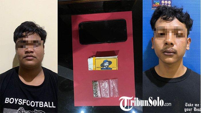 KASUS NARKOBA KARANGANYAR. Kolase tersangka peredaran narkoba jenis tembakau sintentis atau tembakau gorila beserta barang buktinya yang diamankan di Mapolres Karanganyar. Dua warga Kecamatan Tasikmadu, Kabupaten Karanganyar diamankan polisi di wilayah Kabupaten Karanganyar, Selasa (27/5/2025).