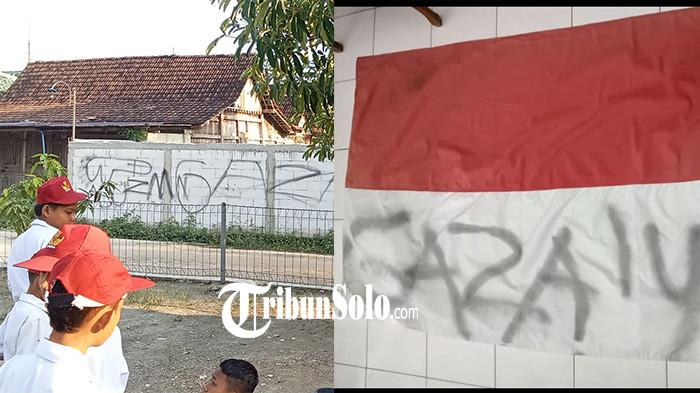 VANDALISME - Tembok dan bendera merah putih di SD Negeri 2 Gondang, Kabupaten Sragen jadi sasaran aksi vandalisme, Selasa (22/7/2025). Siapa pelaku vandalisme tersebut, tidak ada yang tahu, lantaran tidak ada kamera pengawas CCTV di lingkungan sekolah.