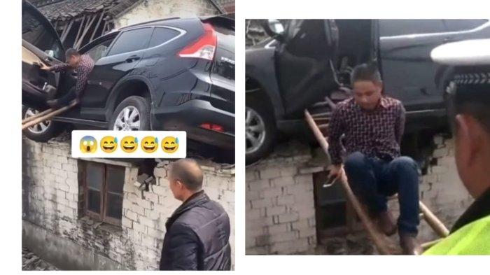 Viral mobil CR-V nyangkut di atap warga, pengemudi dievakuasi pakai tangga.