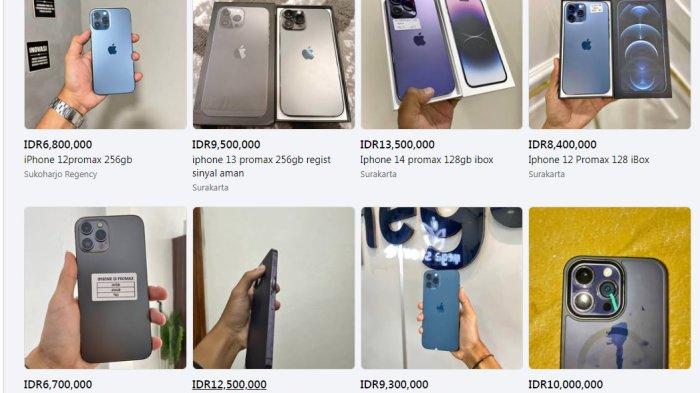 HARGA IPHONE BEKAS - Harga pasaran Apple iPhone bekas di Solo, Jawa Tengah, pada Selasa (8/7/2025). Harga pasaran ini diambil dari Marketplace Facebook. (Facebook)