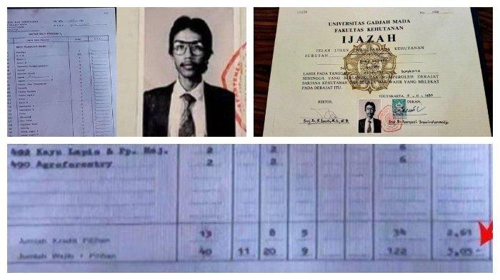 POLEMIK IJAZAH JOKOWI - Kolase foto ijazah UGM milik Jokowi dan transkrip nilai Jokowi selama kuliah 5 tahun di UGM. Teman kuliah Jokowi yang juga satu angkatan di UGM, mengungkapkan bahwa eks presiden itu sosok yang berprestasi dan membanggakan karena lulus cepat. (Kolase Tribunnews.com)