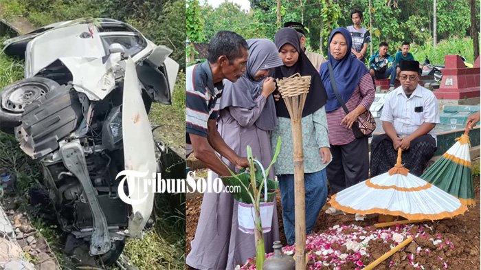 DUKA SAAT MUDIK. Kolase mobil Daihatsu Sigra yang terlibat kecelakaan dengan KA Batara Kresna (Kiri) dan Suasana pemakaman P (44) korban meninggal dunia dalam kecelakaan Batara Kresna vs Sigra di perlintasan Kelurahan Gayam, Kabupaten Sukoharjo, Rabu (26/3/2025). Saat pemakaman, kedua anak korban yang selamat dari insiden itu turut mendampingi jenazah ayahnya.