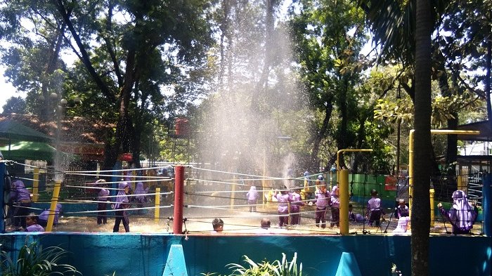 Wisatawan berenang di wahana Taman Air di Sondokoro, Tasikmadu, Karanganyar, Kamis (12/10/2017).