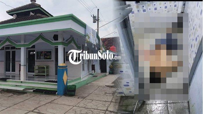 TEMUAN MAYAT. Kolase Masjid Al Barokah di Karanganyar (Kiri) dan Mayat korban dievakuasi dari kamar mandi masjid (Kanan) di Kecamatan Karanganyar, Kabupaten Karanganyar,  Selasa (25/3/2025). Takmir Masjid Al Barokah Sutarno (58) mengatakan dirinya melihat sepeda motor korban saat akan menjalankan salat Dhuhur di masjid tersebut.