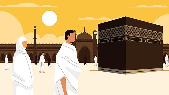 Ilustrasi jemaah menunaikan rangkaian ibadah haji di Ka'bah.