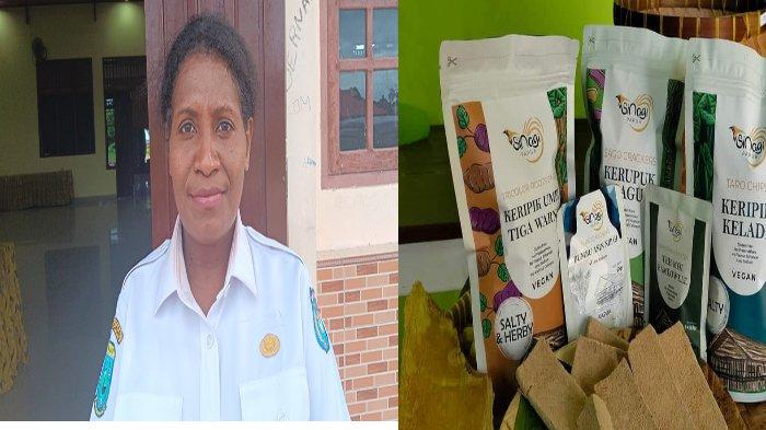 Pemilik Brand Sinagi Papua Yunita Ulim dan hasil olahan produk Sinagi Papua diantaranya keripik keladi, kerupuk sagu, keripik umbi tiga warna dan teh Moi.