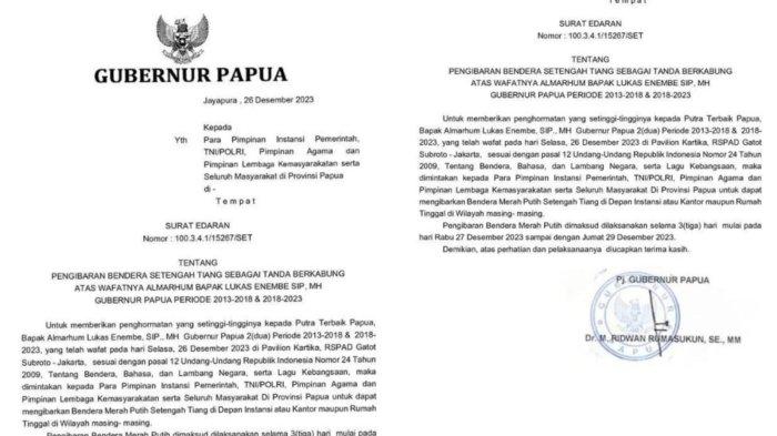 Surat edaran Pj Gubernur Papua soal pengibaran bendera setengah tiang.