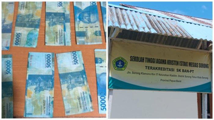 Uang palsu yang dicetak NA (45) dan  Sekolah Tinggi Agama Kristen (STAK) Mesias Sorong tempat NA mengajar.
