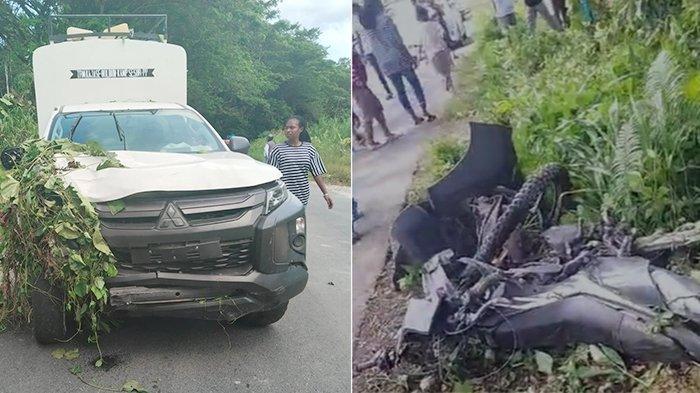 Kolase kondisi kedua kendaraan yang terlibat kecelakaan lalu lintas (laka lantasdi ruas Jalan Mariat Gunung, Kabupaten Sorong, Papua Barat Daya, tepatnya di kilometer 38 pada Sabtu (10/2/2024) siang.