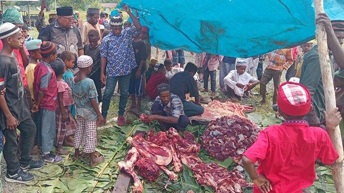 Bupati Sorong Selatan Samsudin Anggiluli (peci hitam) menyaksikan petugas memilah daging kurban di Distrik Kokoda, Sorong Selatan, Papua Barat Daya, Senin (17/6/2024).