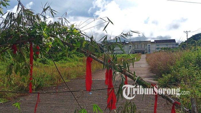 Jalan masuk Fakultas Kedokteran UNIPA Kabupaten Sorong dipalang menggunakan ranting pohon dan ikatan kain merah, Senin (8/7/2024).
