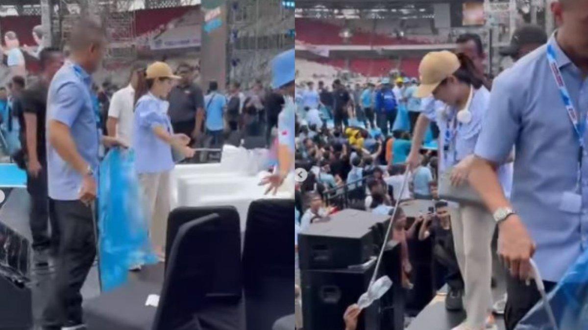 Aksi Nagita Slavina bebersih sampah di area panggung