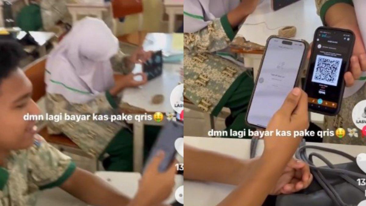 Tangkapan layar bendahara kelas tagih uang kas pakai QRIS viral di media sosial.