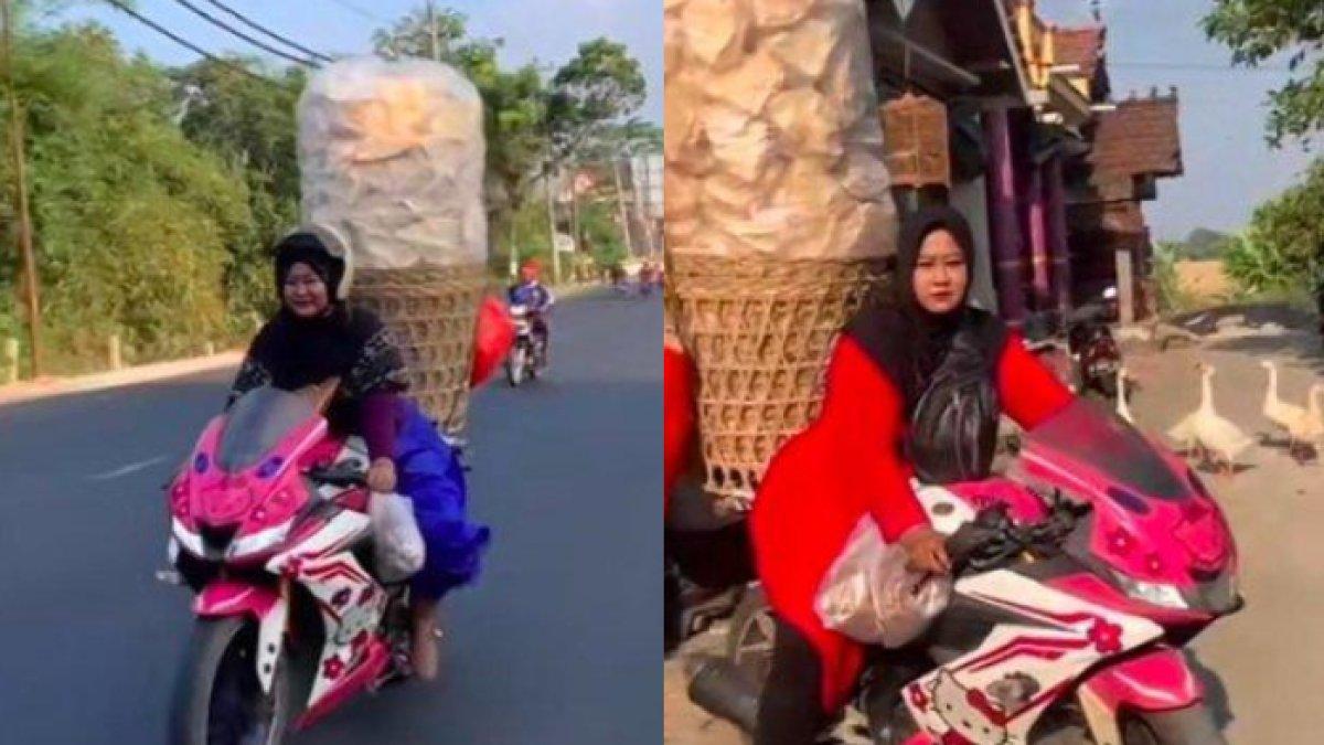 Aksi emak-emak jualan kerupuk naik motor sport