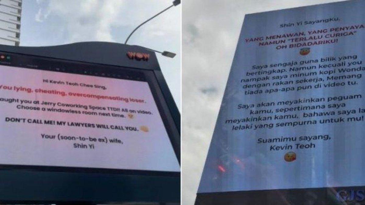 Istri gugat cerai suami dan diumumkan di baliho. Sementara suaminya membalas lewat reklame besar.