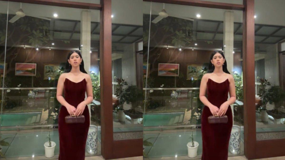 PENAMPILAN ALMIRA - Almira Tunggadewi tampil anggun mengenakan dress maroon berbahan velvet saat hadiri prom night sekolahnya.