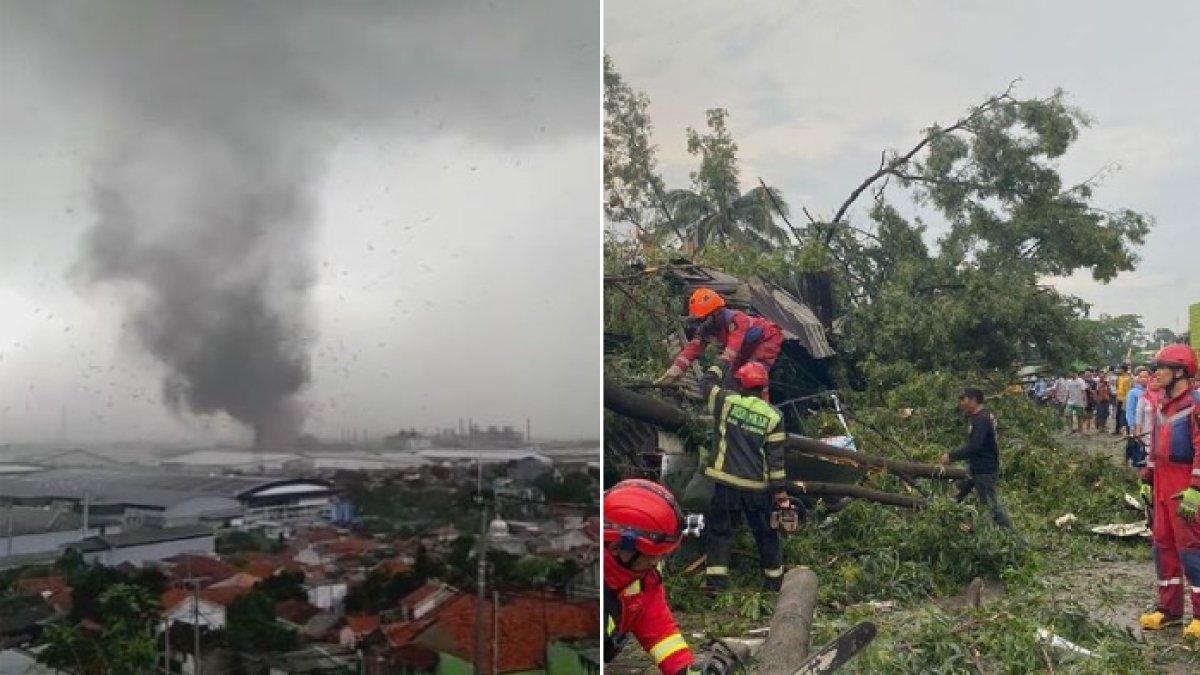 Angin puting beliung menerjang kawasan Desa Cintamulya, Kecamatan Jatinangor, Sumedang, Jawa Barat, Rabu (21/2/2024) sore.