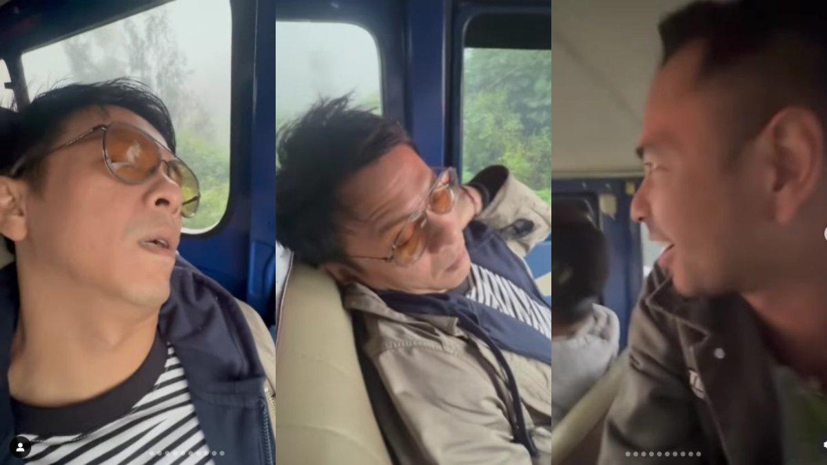 RAFFI AHMAD USILI ARIEL NOAH - Ariel NOAH tampak duduk santai dengan kacamata hitam. Ia tak menyadari Raffi sedang merekam dirinya secara diam-diam dari kursi belakang. 
