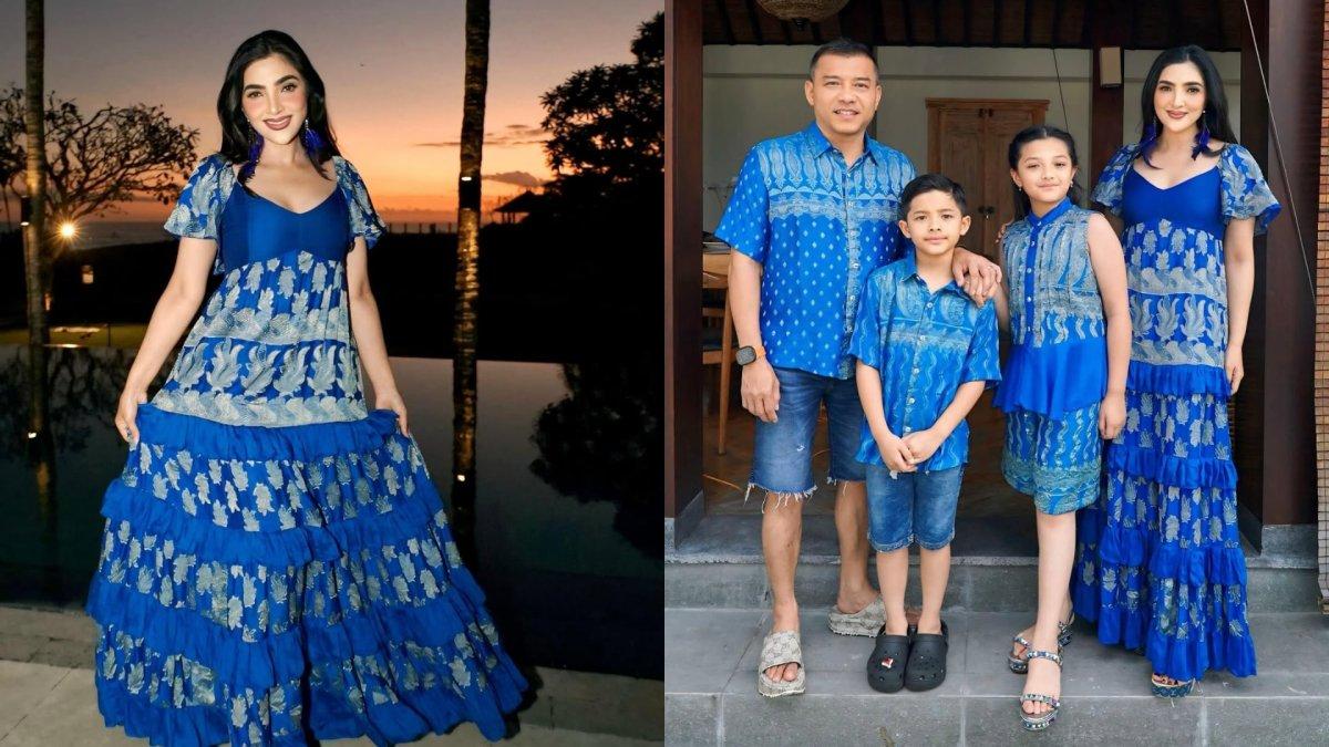 Potret Ashanty hadir di pesta ultah Aurel Hermansyah ke-27, cantik dibalut dress biru.