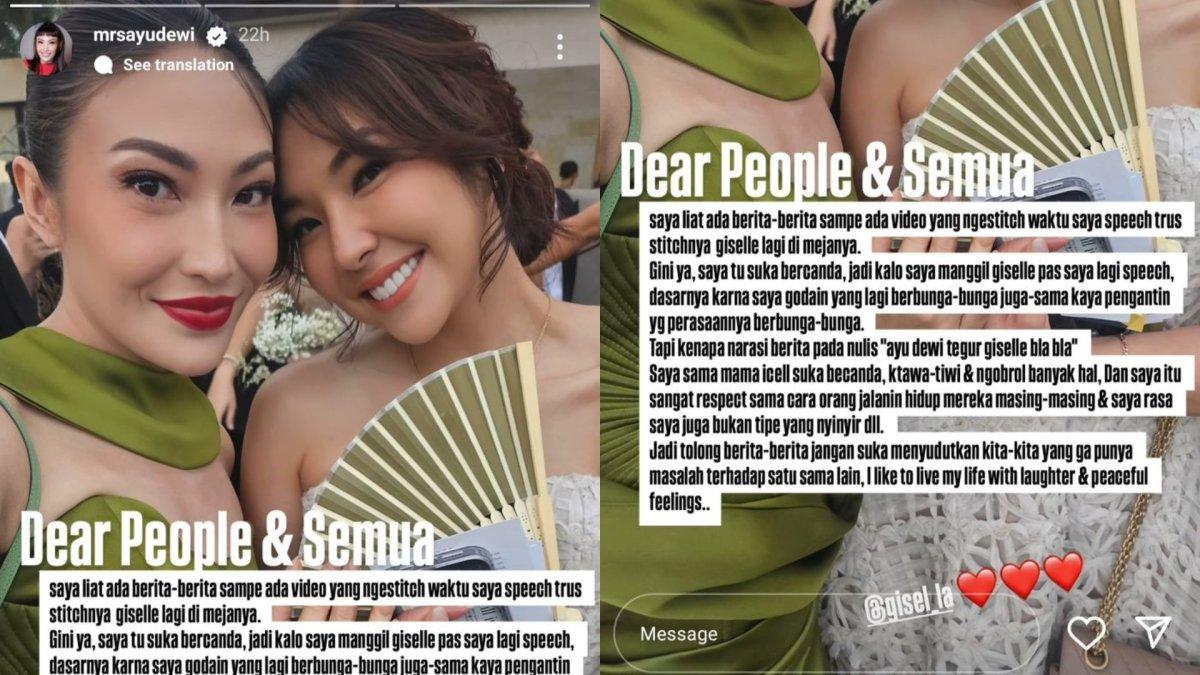 Ayu Dewi klarifikasi setelah dituding sindir Gisel di pernikahan Luna Maya dan Maxime.