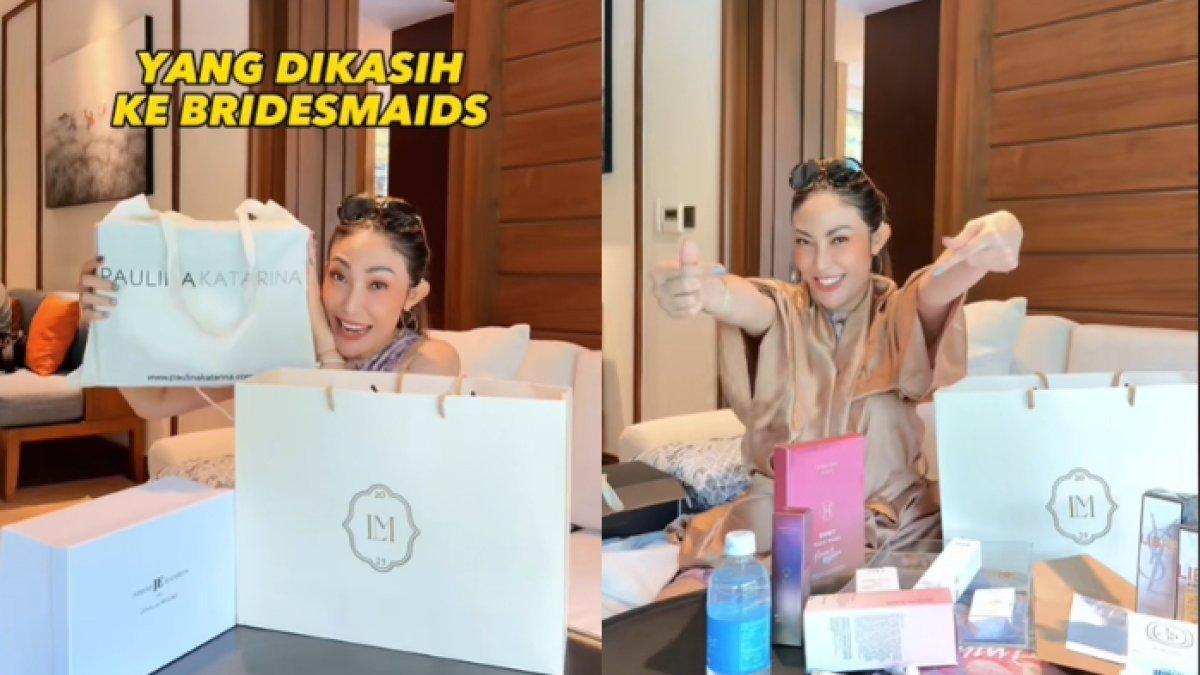 SOUVENIR BRIDESMAID - Potret Ayu Dewi diambil dari TikTok pada Senin (12/5/2025). Ayu Dewi memperlihatkan souvenir untuk bridesmaid dari pernikahan Luna Maya dan Maxime Bouttier.