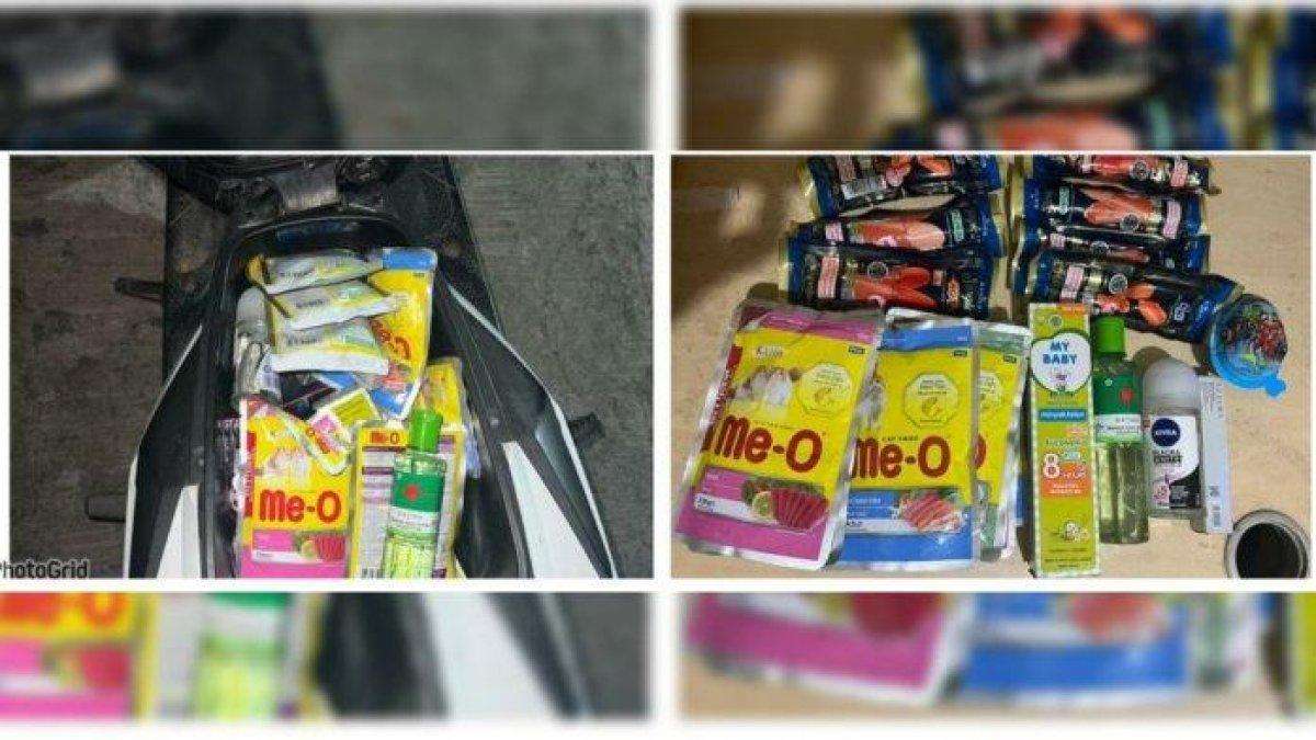 Barang bukti hasil curian sepasang suami istri sambil bawa anak di sebuah minimarket di wilayah Cileungsi
