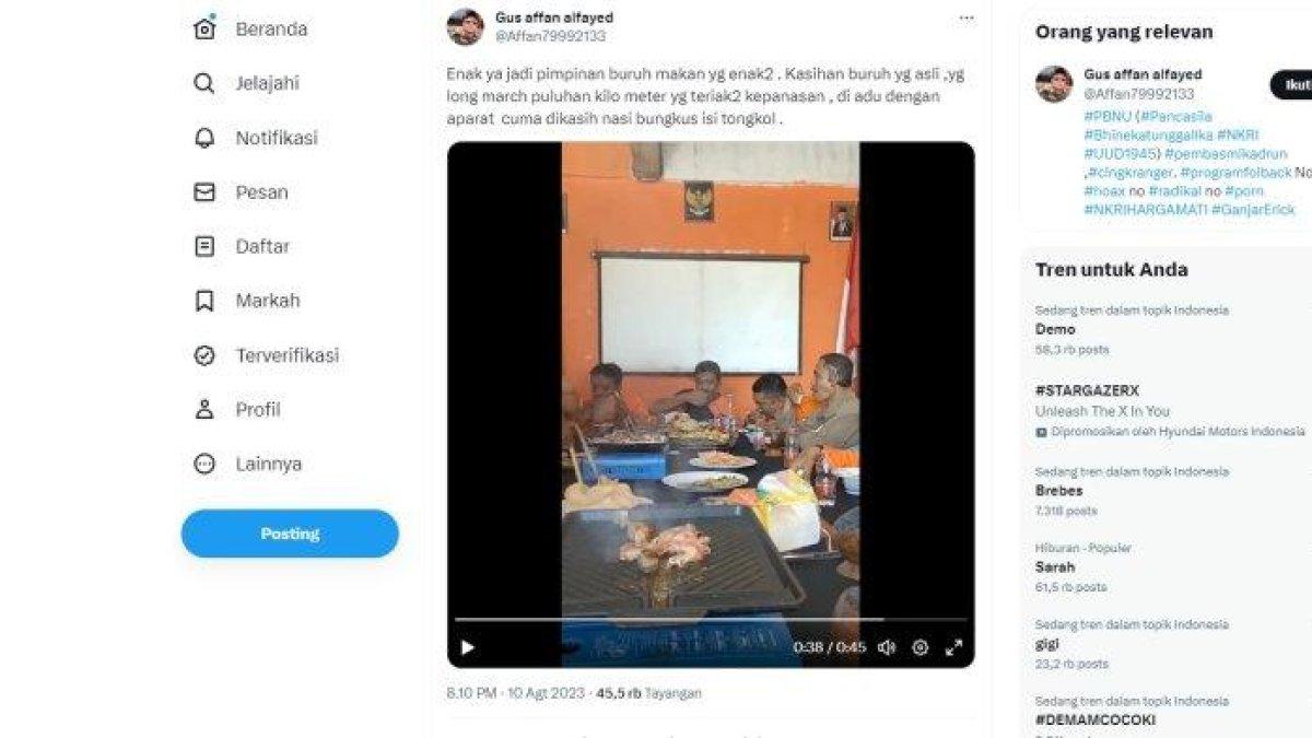 Beredar di media sosial sejumlah pimpinan Partai Buruh termasuk Ketua Umumnya Said Iqbal sedang menyantap makanan mewah berupa hot pot di sebuah ruangan berdinding warna cat oranye. Disebut-sebut, para pimpinan Partai Buruh ini makan mewah di saat ribuan buruh berdemo sejak siang sampai malam hari, Kamis (10/8/2023)