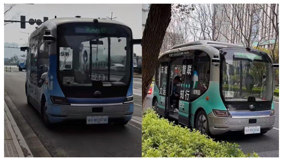 BUS TANPA SUPIR - Warga setempat terkesan dengan adanya bus tanpa supir di china