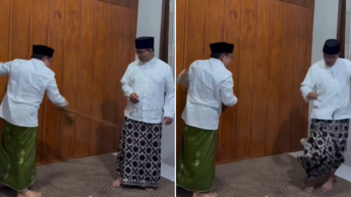 Cak Imin menyelepet atau menyabet Anies Baswedan menggunakan sarung dengan cukup keras