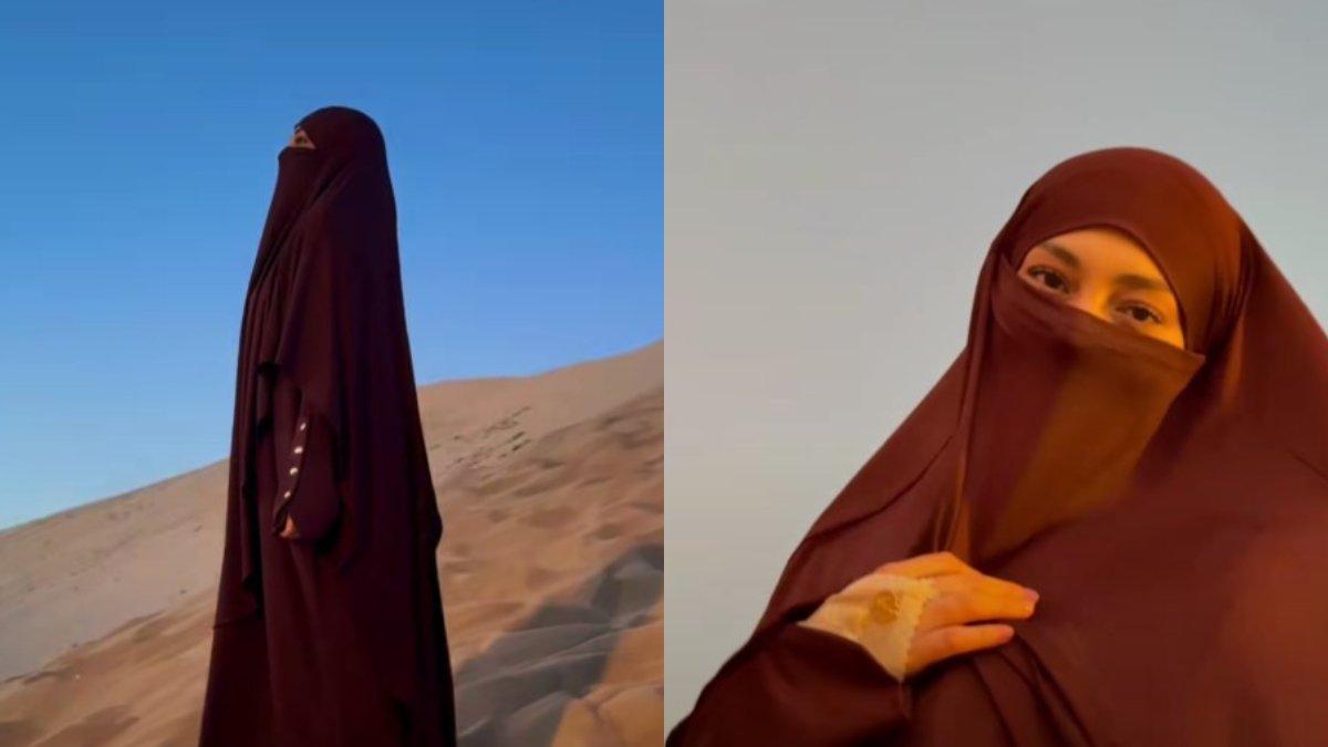 PERUBAHAN PENAMPILAN CELINE EVANGELISTA - Celine tampak mengenakan gamis dan cadar berwarna hitam saat menjalankan ibadah umrah.